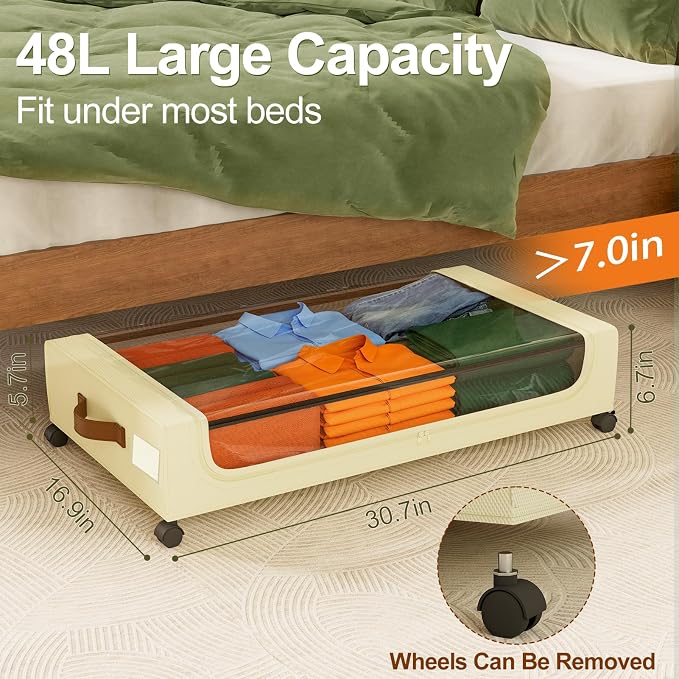 GoMaihe Under Bed Storage with Wheels 48L Beige 4-Pack | Underbed Storage Containers with Lids Rolling Bins for Shoes Clothes in Dorm Bedroom - Metal Drawers Easy Pull-out
