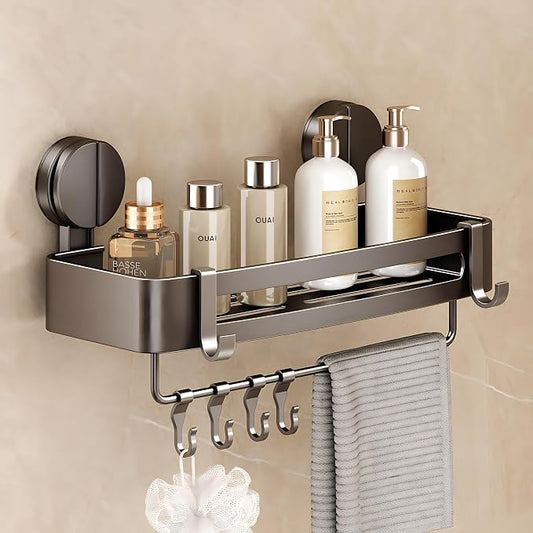 Shower Caddy Suction Cup, 1 Pack Corner Shower Shelves No Drilling, Showers Organizer Storage with Towel Bar & Removable Hooks, Bathroom Shower Shelf Rack for Inside Showers