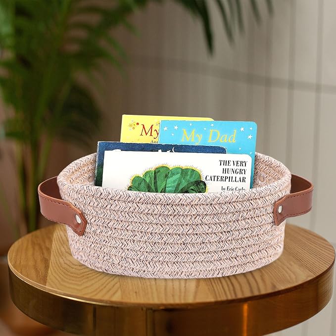 ABenkle Small Woven Basket, Mini Cotton Rope Storage Basket, Tiny Easter Basket, Shelf Basket, Oval Decorative Toy Dog Cat Basket for Nursery, Empty Gift Basket, 9.4" x 5.9" x 3.9" XS