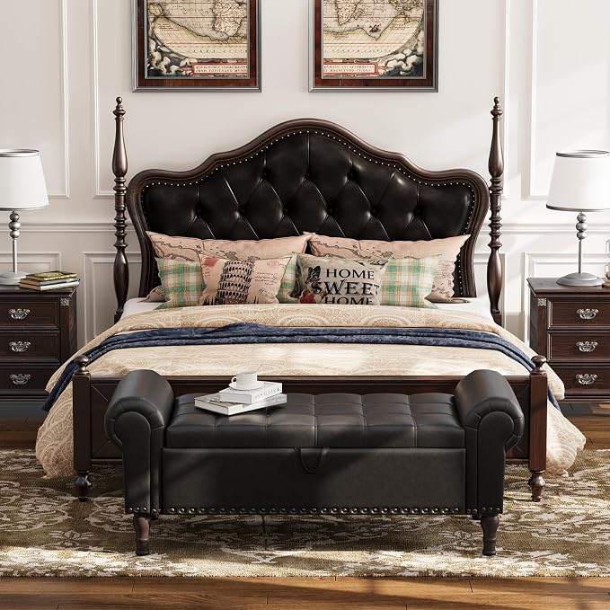 Apicizon 51” Bench with Storage, Queen Size Faux Leather End of Bed Bench with Tufted Button, Ottoman Bench with Rolled Arms & Vintage Rivets for Foot of Bed, Living Room, Entrance, Black