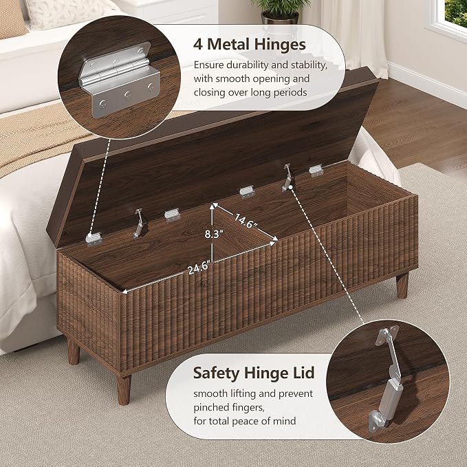 51" Storage Ottoman Bench, Fluted Wooden End of Bed Storage Bench with Leather Upholstererd, Mid-Century Modern Entryway Bench with Lift Top for Bedroom, Living Room, Entryway
