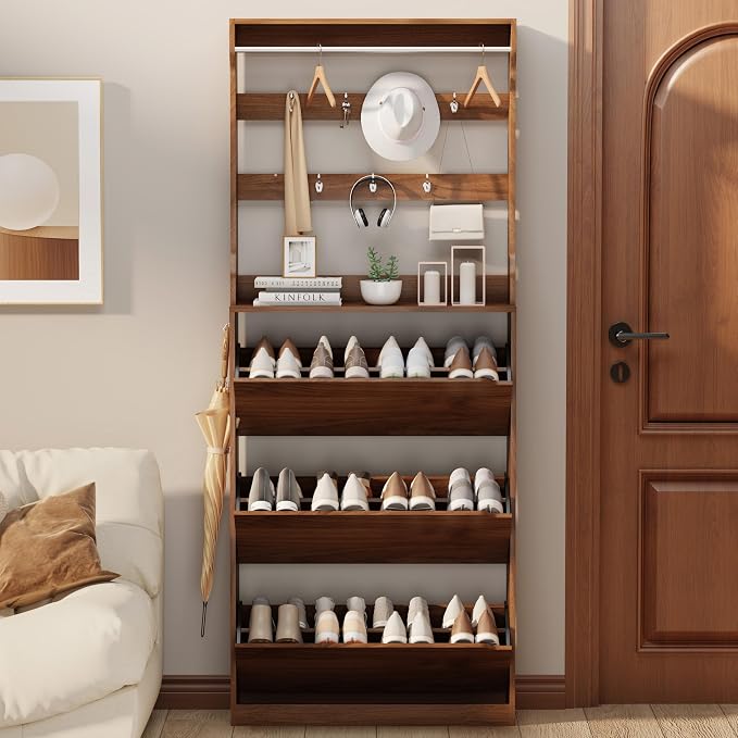 Shoe Cabinet for Entryway with 3 Flip Drawers, Walnut Tall Wood Shoe Storage Cabinet with Coat Rack, Narrow Hidden Slim Freestanding Shoe Rack Organizer, 2 in 1 Hall Tree for Living Room, Hallway