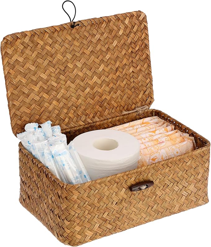 Sumnacon Wicker Basket with Lid, Rectangle Woven Tampon Holders, Caramel | Female Product Organiztion, Natural Seagrass Storage Bin, Decorative & Farmhouse, for Shelf, Bathroom Counter, Toilet Tank, S