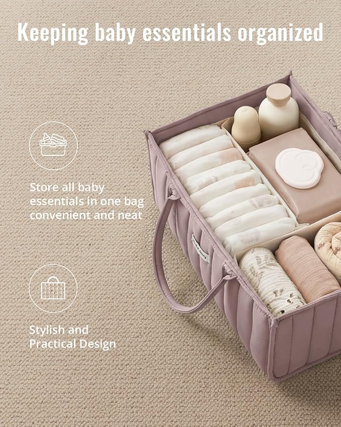 Blissful Diary Baby Diaper Caddy Organizer, Stylish Storage Basket for Newborn Essentials and Diaper Station, Gift for Baby Shower and Registry Must-Have, Mauve Pink | Stylish Storage Basket