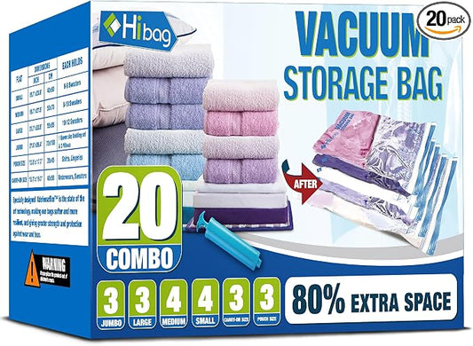 Vacuum Storage Bags, Space Saver Vacuum Seal Storage Bags 20-Pack Sealer Bags for Clothes, Clothing, Bedding, Comforter, Blanket (20C) | Various Size, Airtight Triple Seal, Save 80% Space, Hand Pump, Work with Vacuum, Double Zip, Reusable, Easy to Use