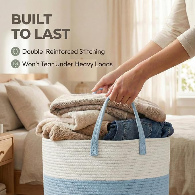 JMvicyroam 115L Extra Large Machine Washable Cotton Rope Blanket Basket | Collapsible laundry hamper, Reinforced handles, For blankets, pillows, toys and clothes, Living room and bedroom, White&Blue