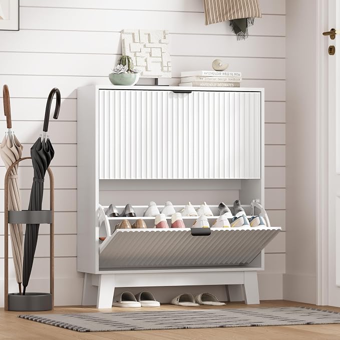 HUANLEGO Shoe Cabinet Storage for Entryway with 2 Flip Drawers, Fluted Narrow Shoe Organizer with Wooden Legs, Freestanding Slim Shoe Storage Hidden Shoe Rack Organizer for Front Door Entrance, White