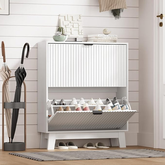 HUANLEGO Shoe Cabinet Storage for Entryway with 2 Flip Drawers, Fluted Narrow Shoe Organizer with Wooden Legs, Freestanding Slim Shoe Storage Hidden Shoe Rack Organizer for Front Door Entrance, White