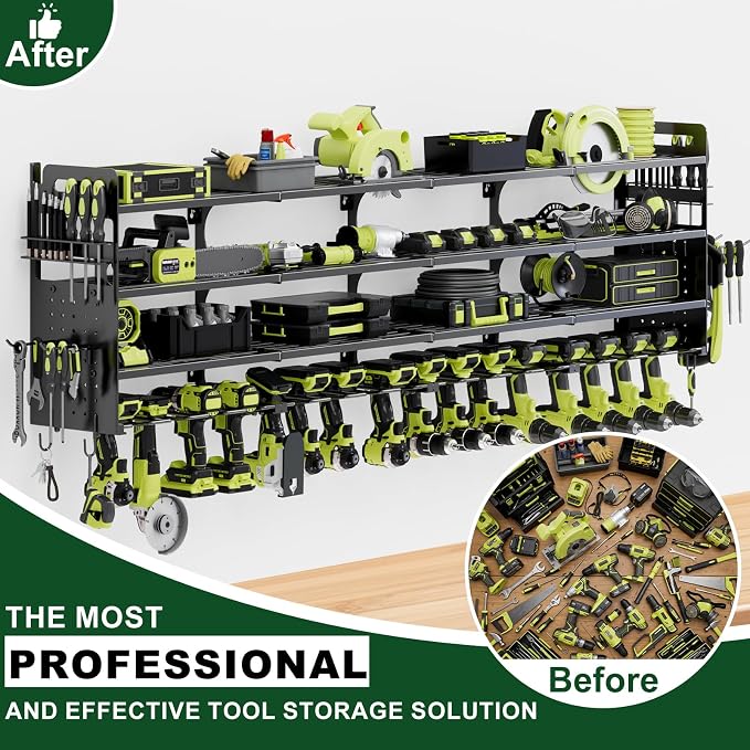 Large Power Tool Organizer Wall Mount, 16 Drill Holders Storage Rack, Black | 4-Tier Heavy-duty Wall Rack Holds 16 Cordless Drills, Saving Valuable Garage and Workshop Space