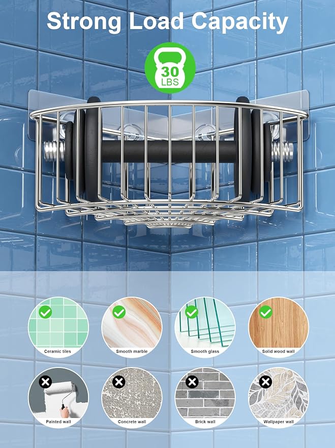SMARTAKE 2-Pack Corner Shower Caddy Deep Basket, SUS304 Stainless Steel | Wall Mounted Bathroom Shelf with Adhesive, Storage Organizer for Toilet, Dorm and Kitchen , Silver