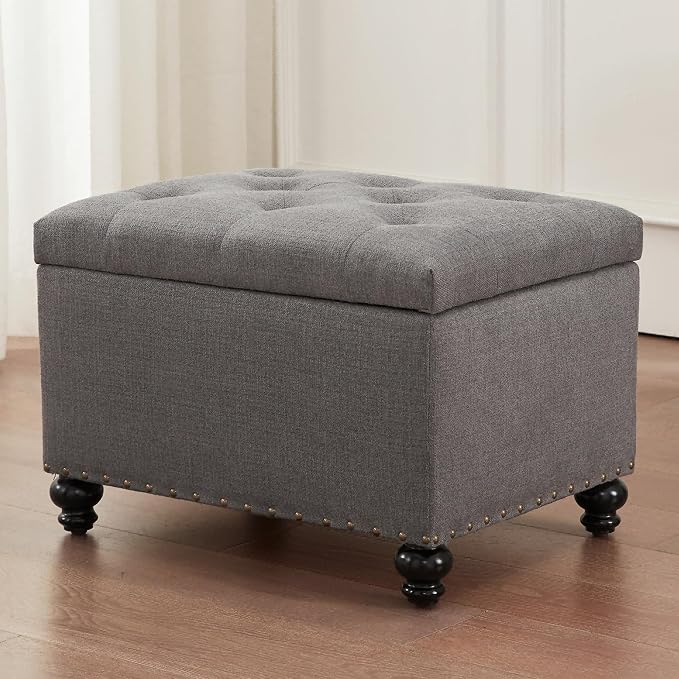 Zihanhome Small Ottoman with Storage, Upholstered Button Tufted Ottoman Foot Rest, Foot Stools, 24" Rectangle Bench with Storage for Living Room, Bedroom, Corners, Dorms and Apartments (Grey)