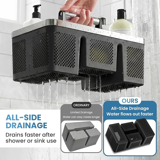 BYUNER 2Pack Plastic Shower Caddy: Portable Hard Bathroom Basket Tote with Handle, 4 Divided Compartments, All-Side Drainage, Non-Mesh Shower & Cleaning Caddy Organizer for College Dorm, Black/Silver