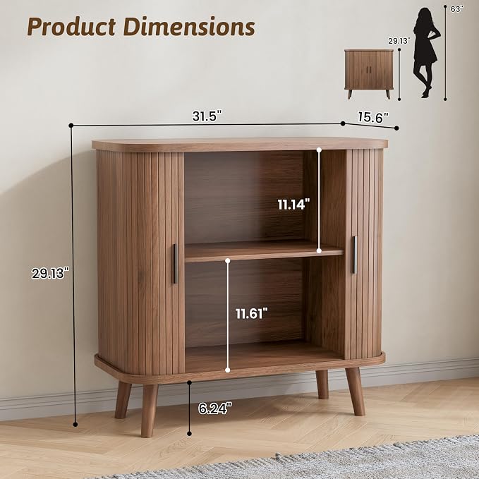 BORNOON Buffet Cabinet with Storage, Curved-Edge Fluted Storage Cabinet Sideboard, Modern Walnut Sideboard Buffet with Adjustable Shelves & Sliding Door for Dining Room, Kitchen, Entryway