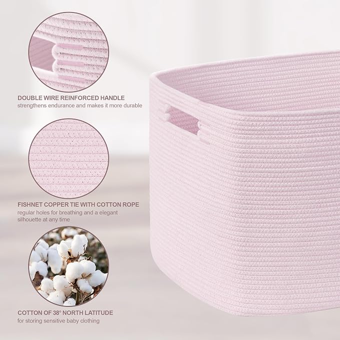 45L Small Woven Laundry Basket Hamper with Handles, Pink | collapsible wicker hamper, storage for dirty clothes, toys, blankets, gifts, living room, bedroom, bathroom, 18"x14"x11"