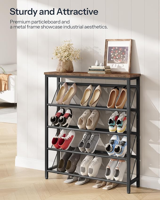 CHOEZON Shoe Rack, 5-Tier Slanted Shoe Storage Shelf, Narrow Shoe Rack for Entryway, Shoe Organizer with Adjustable Feet, Slim Shoe Shelf with Wooden Top and Metal Frame Rustic Brown and Black TXJ02BF