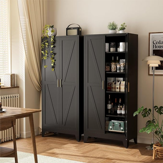 COFaR 71" Modern Pantry Cabinet in Black, 5-Tier Storage Cabinet with Adjustable Shelves, Industrial Steel Cupboard for Kitchen, Office & Living Room Organization