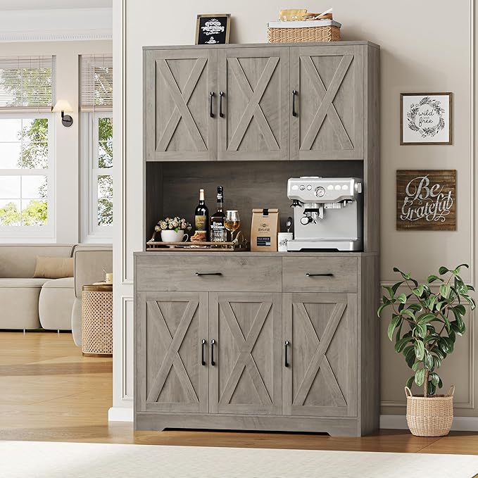 HOSTACK 71" H Kitchen Pantry Storage Cabinet, Farmhouse Hutch Cabinet, Grey | Space-Saving Pantry Cabinet with Charging Station & 2 Large Drawers & Adjustable Shelves, Tall Kitchen Hutch for Dining Room