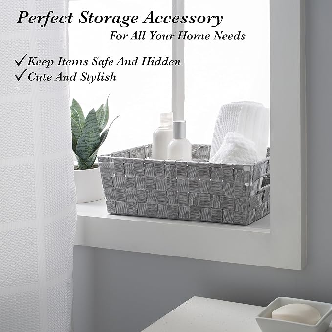 Simplify Extra Long Shelf Woven Strap Tote | Decorative Storage Basket | Built in Handles | Organization | Closet | Bedroom | Bathroom | Nursery | Accessories | Toys | Gifts | 1 Pack | Heather Grey