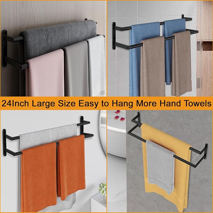 Double Towel Bar, 24Inch Towel Rack for Bathroom, Stainless Steel Double Bath Towel Bar, Wall Mounted Towel Holder, Double Towel Rod Towel Rail Hanger for Wall, Kitchen (Matte Black)