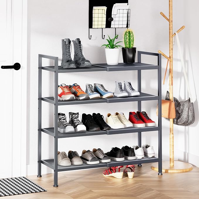 Shoe Rack, Expandable Shoe Rack for Closet, Adjustable Shoe Organizer for Entryway, Shoe Storage Organizer for Door Entrance, Garage, Bedroom (Grey, 4-Tier)