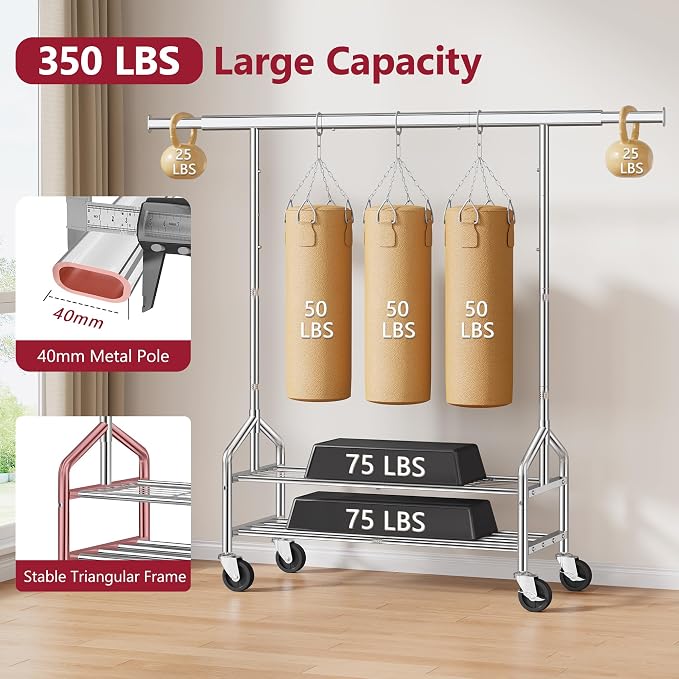 Clothes Rack with 2 Shelves, Heavy Duty Load 350 LBS, Chrome | Rolling Clothing Rack, Adjustable Length and Height, Garment Rack with Wheels for Bedroom, Student Dormitory and Laundry Room