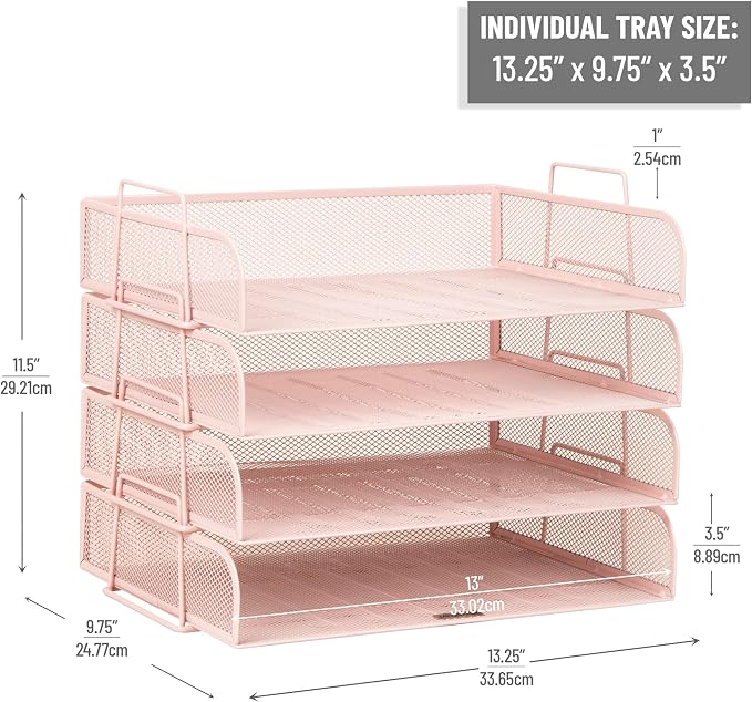 Mind Reader Stackable Paper Tray, Desktop Organizer, File Storage, Office, Metal Mesh, 4 Pcs., Pink
