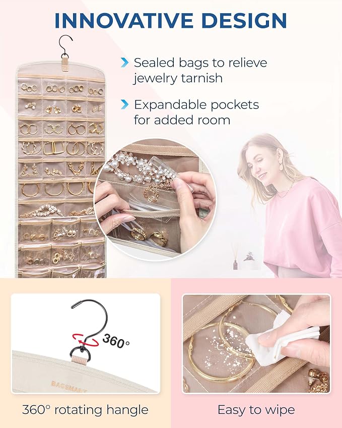 BAGSMART Hanging Jewelry Organizer, Necklace Holder Anti-tangle with 20 Jewelry Storage,1 Piece, Large Beige