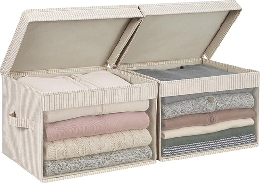 StorageWorks Fabric Storage Bins with Lids, Large Closet Storage Bins | Flip-Top Lid, Clear Window, Handles, Collapsible, for Clothes Blankets Books, Closet Box, Khaki and Beige Stripes, 2-Pack