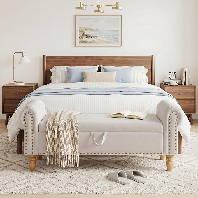 55" Storage Bench, End of Bed Bench with Rolled Arm and Nailhead Trim, Upholstered Bedroom Bench with Storage, Ottoman Bench for End of Bedroom, Living Room, Entryway (Beige Linen)