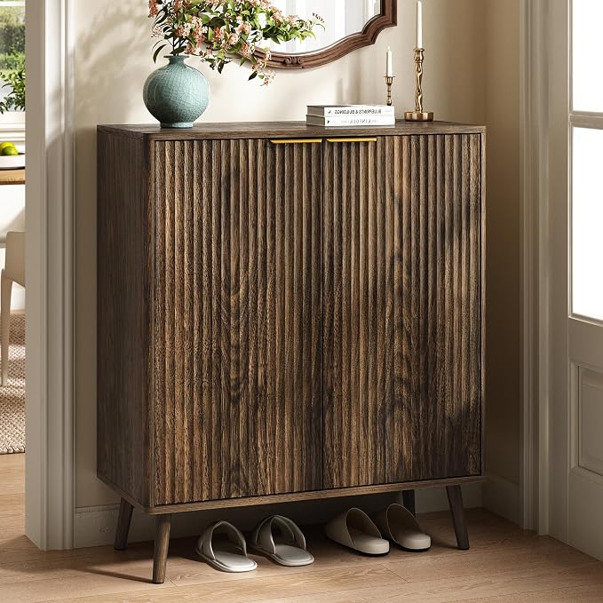 Fluted Shoe Cabinet with Doors, 5-Tier Shoe Storage Cabinet with Adjustable Shelves, Wooden Freestanding Shoe Organizer Shoe Cabinet for Entryway,Hallway,Living Room,Walnut