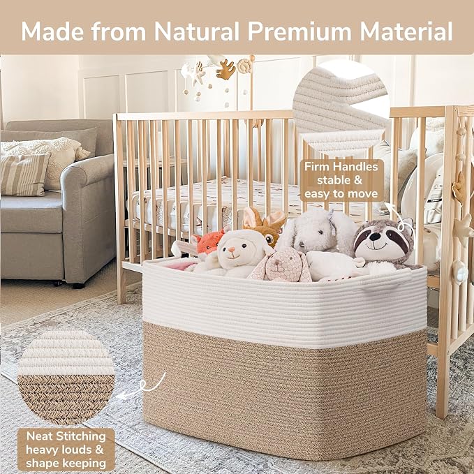 Goodpick 105L Extra Large Cotton Rope Blanket Basket, White & Light Brown | 25 x 16 x 16 in, Reinforced Handles, Living Room, Bedroom & Nursery Organization, Blankets, Toys, Clothes & Pillows Storage