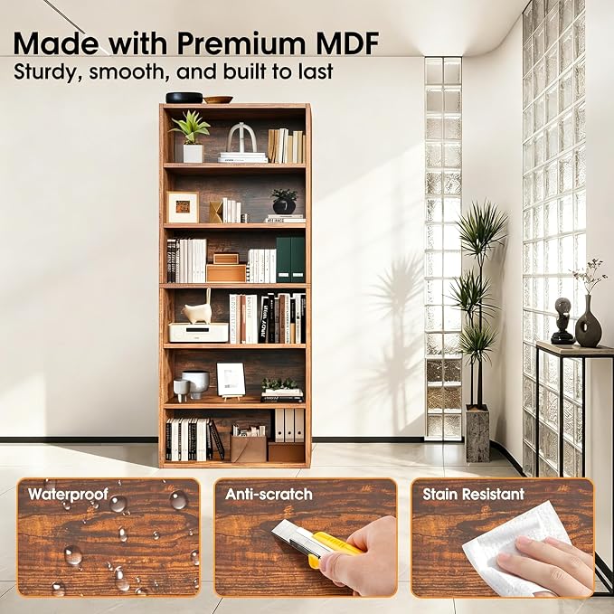 HealSmart 6 Tier Bookcase, Industrial 6 Book Shelf, 9.2" D x 23.8" W x 63" H Tall Open Cube Storage Organizer for Home Office, Living Room, Bedroom and Dinning Room, Brown