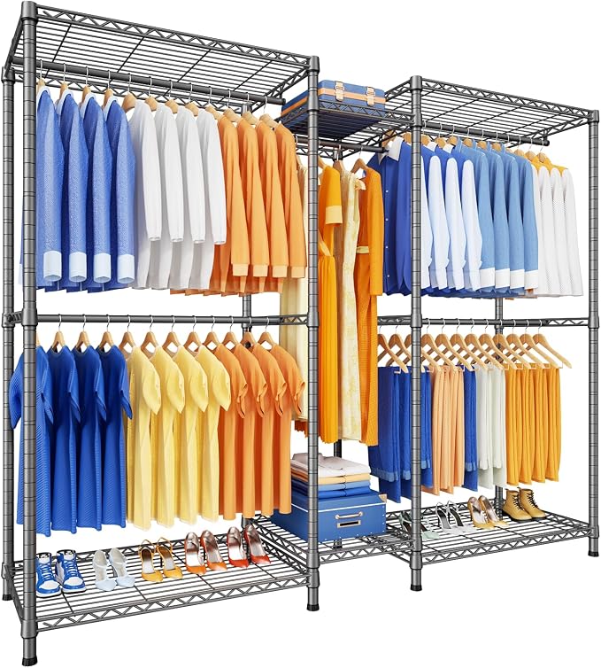 E12 Pro Clothes Rack，Heavy Duty Freestanding Garment Rack with Shelves，Metal Clothing Closet Storage System for Hanging Clothes，71" W x 16" D x 76.5" H, Hold 960 lbs，Grey