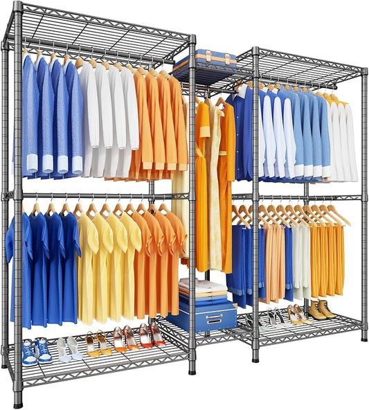 E12 Pro Clothes Rack，Heavy Duty Freestanding Garment Rack with Shelves，Metal Clothing Closet Storage System for Hanging Clothes，71" W x 16" D x 76.5" H, Hold 960 lbs，Grey