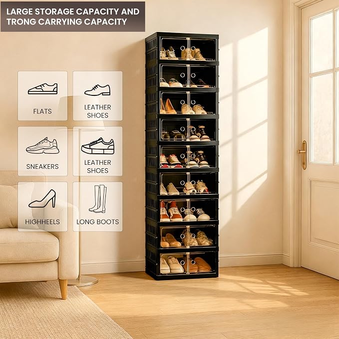 Foldable Shoe Organizer Storage Box Set of 4, Portable Extra Large Folding Shoe Rack for Closet, Shoe Storage Box with Magnetic Transparent Door and Wheels, 9 Layers 18 Grids