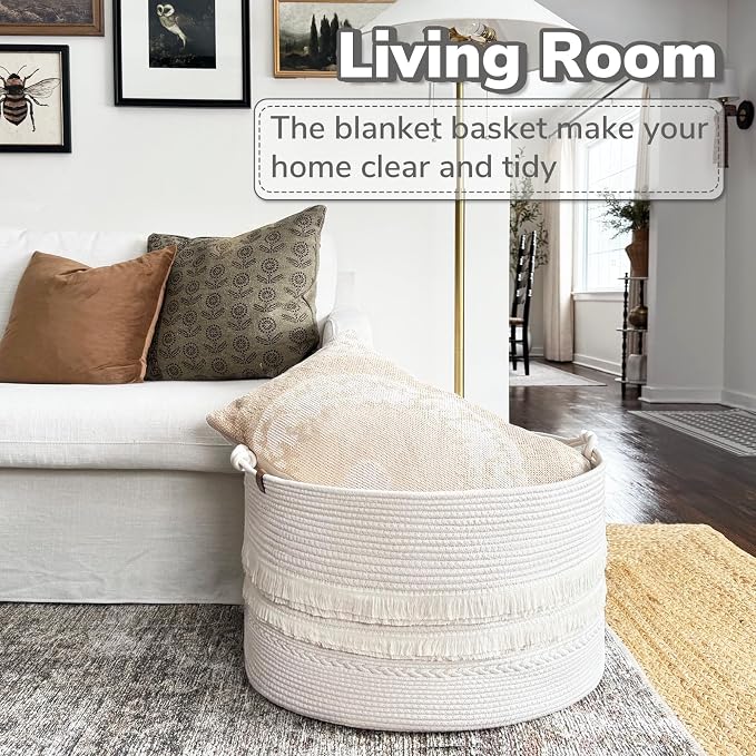 CherryNow 90L Large Woven Rope Blanket Basket with Tassel, 22" x 14", White | Boho Basket for Toys, Clothes & Pillows Storage, Fits Bedroom Living Room Home Décor, Laundry Hamper with Knotted Handles
