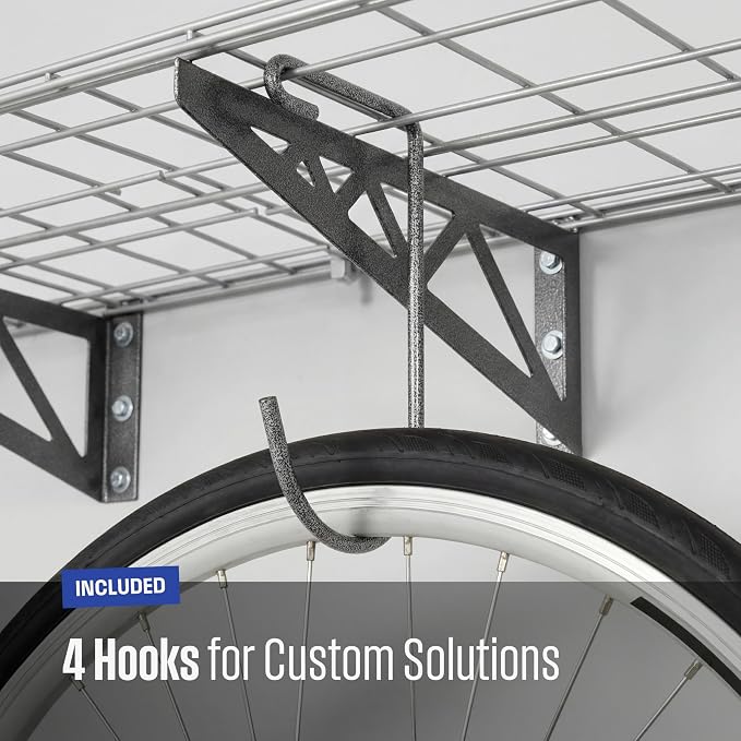 SafeRacks Steel Garage Wall Shelves 4-Pk w/Hooks, 500lb, Hammertone (24x48)