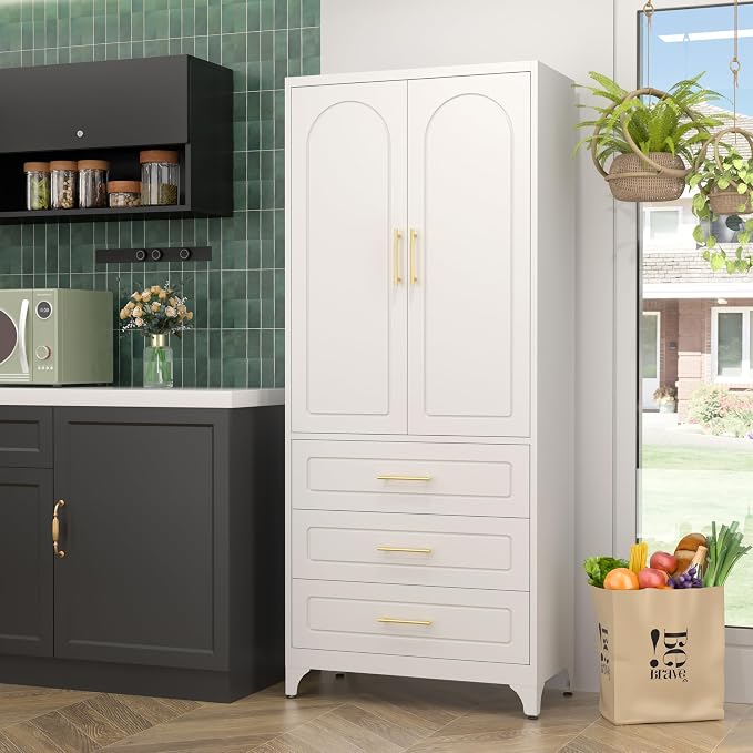 SteeLoong 75”Kitchen Pantry Cabinet, Metal Storage Cabinet with 3 Drawers | White Pantry Cabinets for Kitchen Storage with 2 Adjustable Shelves,Tall Freestanding Cupboard for Living Room,Kitchen,Garage
