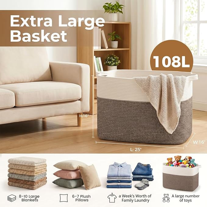OIASKET 108L Cotton Rope Storage Basket for Living Room and Bedroom 25"x16"x16" Woven Laundry Basket, Heavy Duty Bin for Blankets, Pillows & Toys, Pet-Safe & Scratch-Free, Dark Brown and White