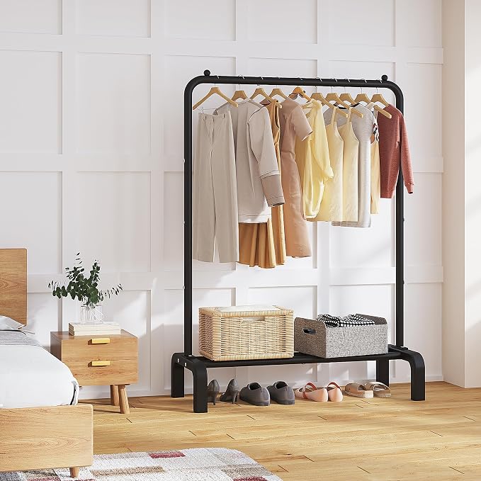 Garment Rack Clothing Clothes Rack for Clothes Organizing Black | Standard Metal 34 Inches Garment Rack with Bottom Shelf for Hanging Clothes Coats Jackets Shirts Sweaters Jeans Black
