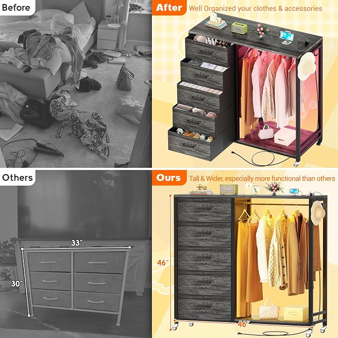 Cyclysio Storage Clothes Rack with 5 Drawers, Garment Rack with Charging Station & LED Lights, Fabric Chest Shelves Clothing Rack, Wooden Portable Wardrobe Closet