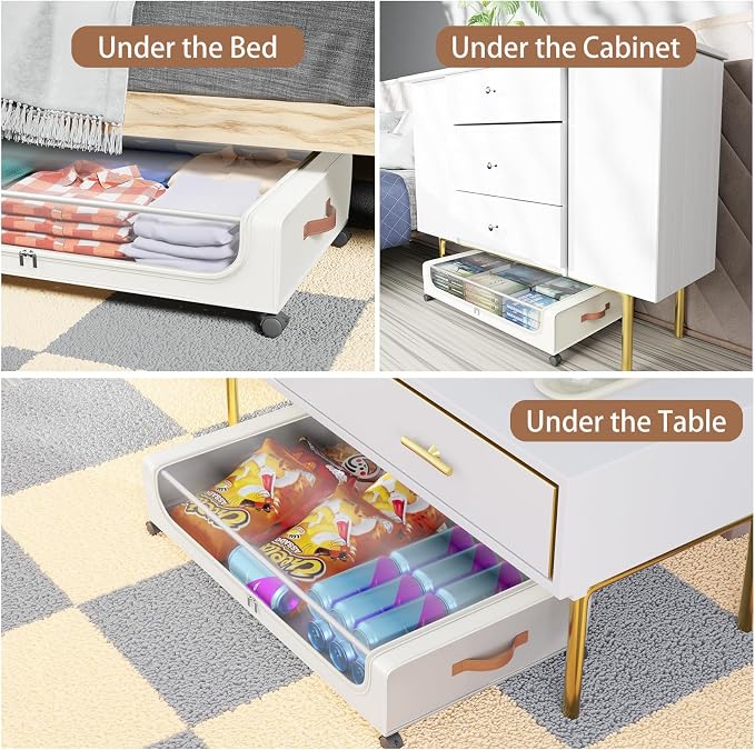 Under Bed Storage with Wheels, UnderBed Storage Containers with Clear Lid and Handles, XXL 60L Under the Bed Storage Bins Drawers for Clothes,Blankets,Shoes,Books (WHITE, 2 PACK)