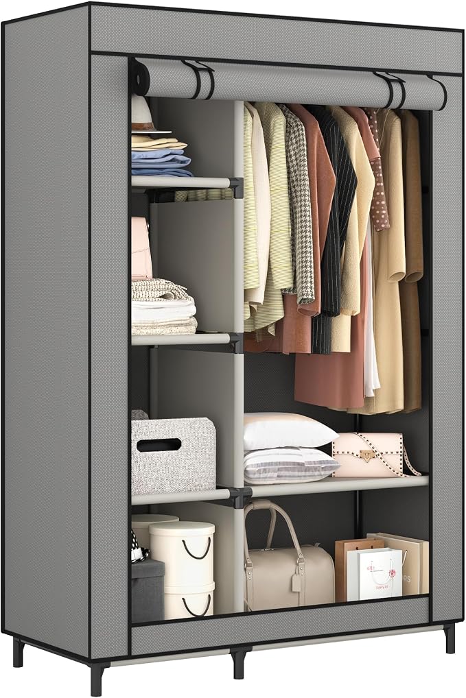 Calmootey Portable Closet Organizer, Space-Saving Storage System for Home | Sturdy Rod for Coats, 6 Shelves for Folded Clothes, 4 Side Pockets for Small Items, Non-Woven Dustproof Cover, Grey