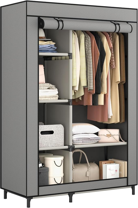 Calmootey Portable Closet Organizer, Space-Saving Storage System for Home | Sturdy Rod for Coats, 6 Shelves for Folded Clothes, 4 Side Pockets for Small Items, Non-Woven Dustproof Cover, Grey
