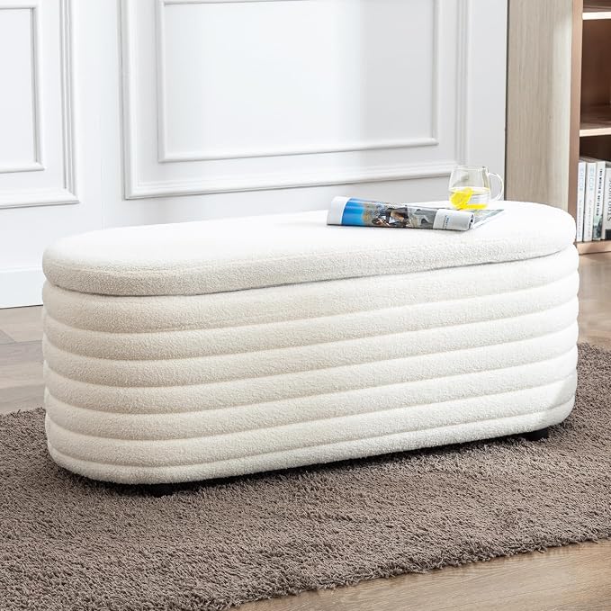 45.5" Storage Teddy Ottoman Bench Upholstered Fabric Bench Hidden Storage Chest with Slow-Close Safety Hinge for Bedroom, Living Room, Entryway, White