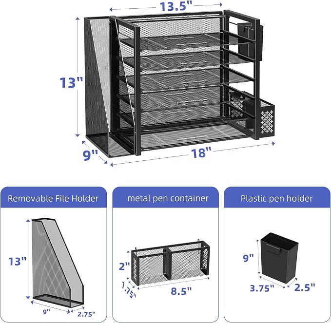 Simple Trending 6 Tier Metal Desk File Organizer with 2 Pen Holders, Black | 18"L x 9"W x 13"H, 6 Trays + Side file holder + 2 pen holders, sturdy metal frame, non-slip base, easy assembly, 24h support.