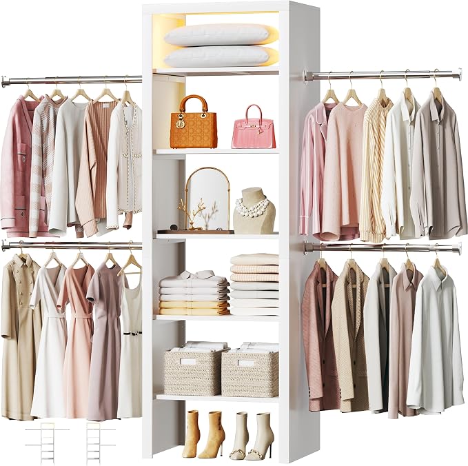 100'' Closet System with 4 Hanging Rods & LED Lights, 2-8 FT Wood Closet Organizer Systems with 5 Shelves, 6 Height Adjustable, Walk-in Closet Organizer Wardrobe Clothes Rack, Garment Rack, White