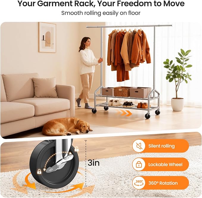 Heavy Duty Clothes Rack, Rolling Clothing Rack Load 650 LBS for Hanging Clothes with 2 Sturdy Shelves, Metal Garment Rack with Wheels for Bedroom, Laundry Room, Retail Store, Silver
