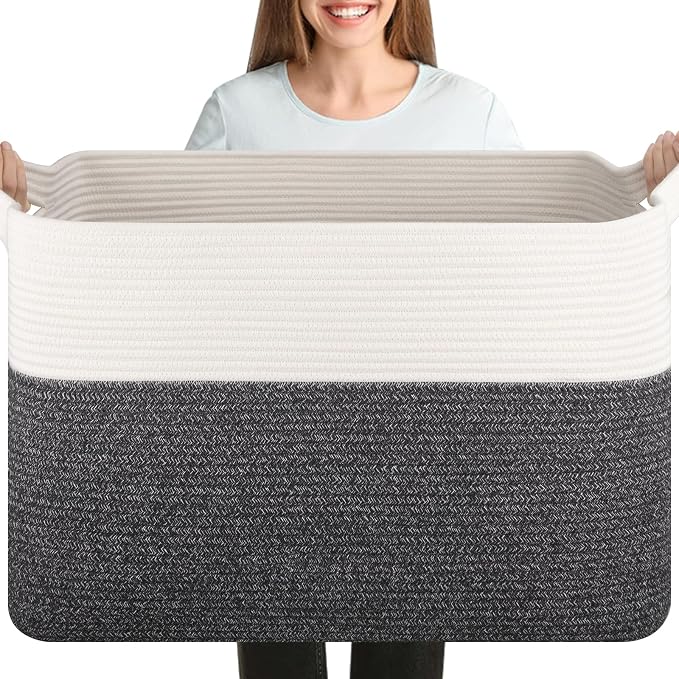 OIASKET 108L Cotton Rope Storage Basket for Living Room and Bedroom 25"x16"x16" Woven Laundry Basket, Heavy Duty Bin for Blankets, Pillows & Toys, Pet-Safe & Scratch-Free, Dark Grey and White