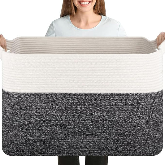 OIASKET 108L Cotton Rope Storage Basket for Living Room and Bedroom 25"x16"x16" Woven Laundry Basket, Heavy Duty Bin for Blankets, Pillows & Toys, Pet-Safe & Scratch-Free, Dark Grey and White